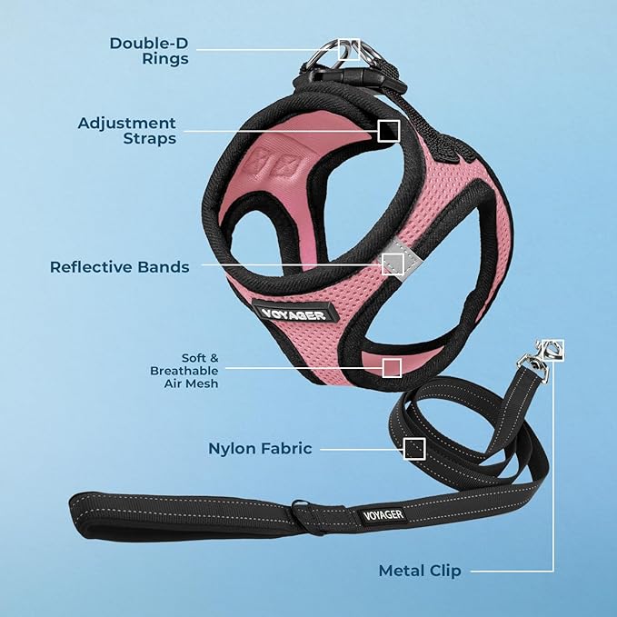 Best Pet Supplies Voyager Step-in Air All Weather Mesh Harness and Reflective Dog 5ft Leash Combo with Neoprene Handle, for Small, Medium and Large Breed Puppies - Set (Pink/Black Trim), XX-Small