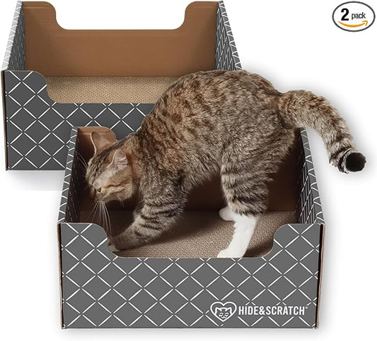 Hide & Scratch Cardboard Cat Scratcher Box & Bed - Dark Grey Diamond (2 Pack) | Double-Sided Corrugated Pad for Indoor Cats | Refillable Scratching Board Toy for Play & Furniture Protection