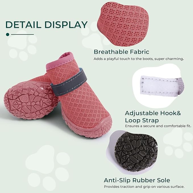 Dog Shoes Breathable Non-Slip Outdoor Booties for Small Medium Dogs, Pet Boots Paw Protector for Hot Pavement Hardwood Floors (Pink, Large)