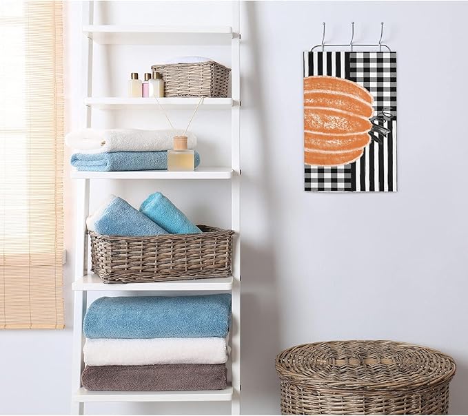 2 PCS Fall Hand Towels Soft Microfiber Orange Pumpkin Black and White Buffalo Plaid Stripes Kitchen Towel for Bathroom Yoga Gym Thanksgiving Day Decorative Towels 13.8"X29.1"