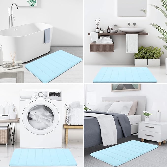 Buganda Memory Foam Bath Mat, 47" x 17", Ultra Soft and Non-Slip Bathroom Rugs, Water Absorbent and Machine Washable Bath Rug Runner for Bathroom, Shower, and Tub, Light Blue