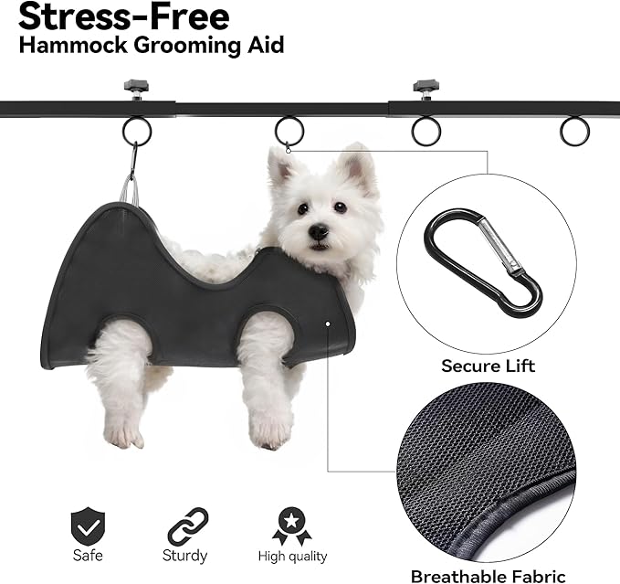 Adjustable Dog Grooming Arm for Table: 42'' Height, 27''–39'' Width, Clamp Fits Up to 2.76'', with Hammock & 2 Nooses – Portable Pet Grooming Station for Nail Trimming, Cats & Dogs at Home