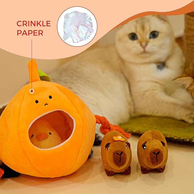 MewaJump Hide and Seek Small Dog Toys, Squeaky Dog Plush Toys for Small Dog, Pumpkin and Animal Crinkle Plush Stuffed Dog Toy, Small Puppy Cat Toy Set to Keep Them Busy