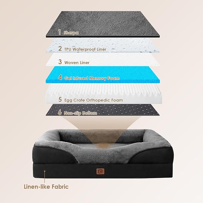 EHEYCIGA Orthopedic Dog Bed for Medium Dog, 30x20 Inch Memory Foam Dog Couch Bed with Sides, Waterproof Liner & Washable Removable Cover, Bolster Pet Sofa, Grey/Black
