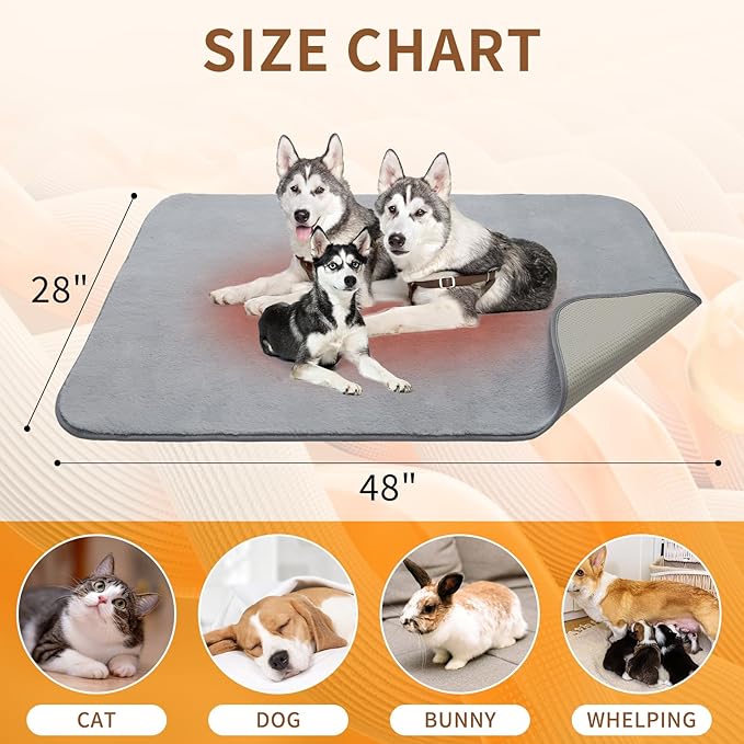 Homimp Self Warming reusable dog training pads,Non-Slip Washable Pee Pads for Dogs, Fast Absorbent Pet Whelping Pads, Ideal for Puppy Senior Dog Whelping, Incontinence, Housebreak, Crate,48x28in, Gray