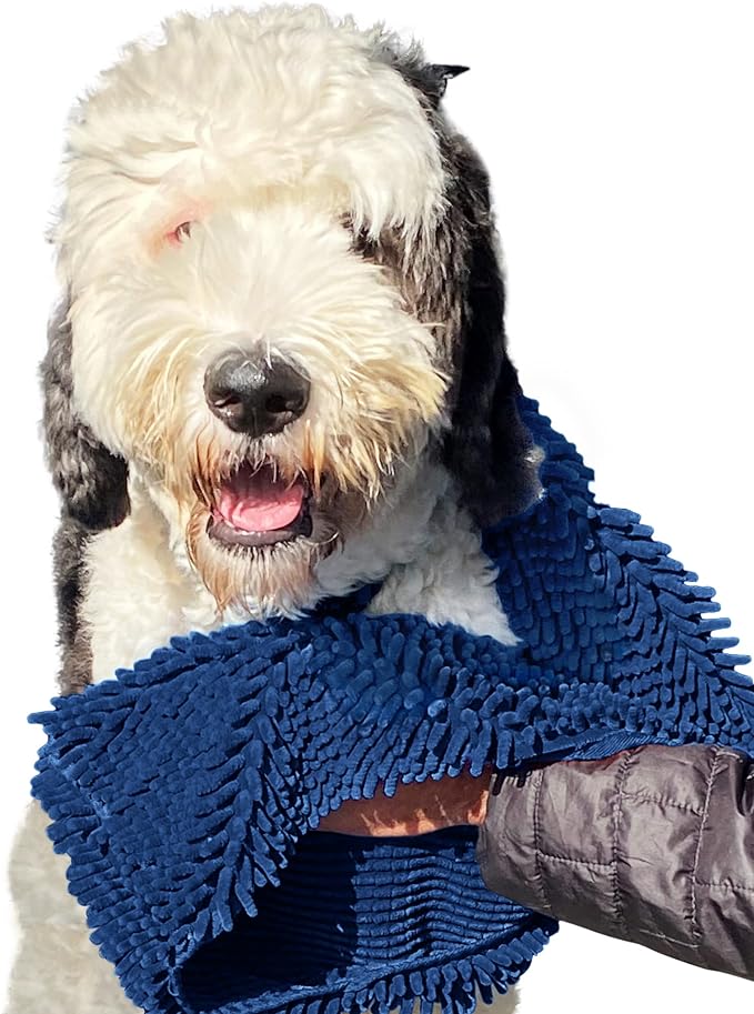 Soggy Doggy Super Shammy Dog Towel – Absorbent Microfiber Chenille Pet Towel for Drying Wet Dogs, Muddy Paws, Quick Dry Dog Shammy with Hand Pockets, Machine Washable – Navy Blue, 31” x 14”