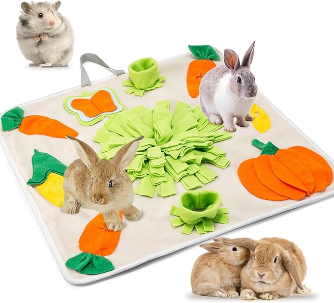 24''x24'' Rabbit Foraging Mat with Handle Pet Snuffle Mat Interactive Feed Game Treat Dispenser for Dogs Rabbits Bunny Guinea Pigs Ferrets Chinchillas, Beige