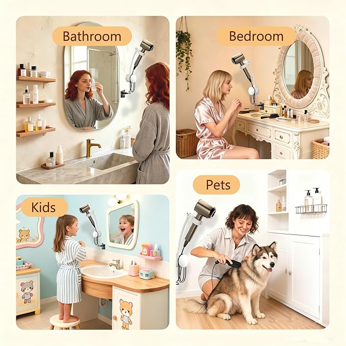 Hair Dryer Holder, Hair Dryer Stand with Adjustable Angle, Wall Mounted Hair Dryer Stand Hands Free with Built-In Adhesive, Suitable for Bathroom Mirror, Side Wall of Washbasin, Bedroom Vanity, Balcony Or Gym