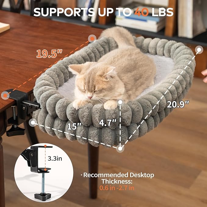 CHEERPALS Cat Desk Bed with Reversible Cushion, 90°Foldable Cat Hammock for Desk Mounted Removable & Washable, Suitable for Medium-to-Large Cats and Puppy, Cloud Series(Grey, Medium)