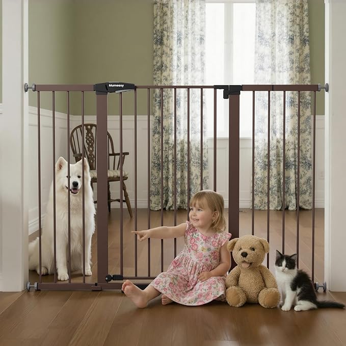 Mumeasy 36" Extra Tall Baby Gate for Doorways, 29.7"-57" Extra Wide Dog Gate for Stairs, Pressure Mounted Auto Close Pet Safety Gate with Easy Walk Thru Door, Large Indoor Child Gate for House, Brown