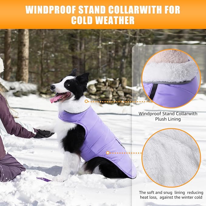 Dog Winter Coat for 2X- Large Dogs, Easy on XXL Dog Fleece Jacket Velcro Waterproof Pet Puffer Clothes with Harness Hole Adjustable Reflective Quilted Pet Cold Weather Vest for Girl Female