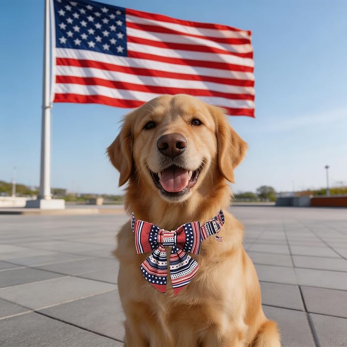 American Flag 4 of July Dog Bow Collar, Independence Day Adjustable Patriotic Dog Collar with Sailor Bowtie for Medium Dogs,M