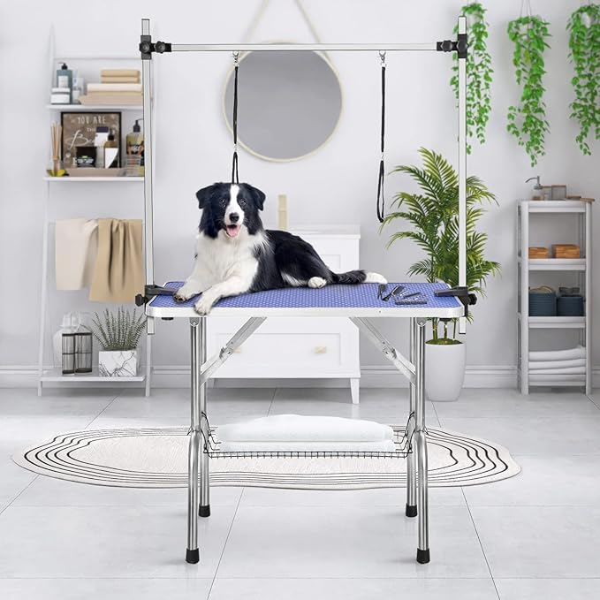 46 Inch Professional Adjustable Pet Grooming Table Heavy Duty with Arm Noose & Mesh Tray for Dog Cat Shower Table Maximum Capacity Up to 265Lb, Blue