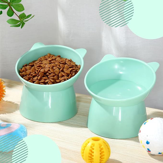 Zhehao 2 Pcs Elevated Cat Bowl Set, Tilted 15° Plastic Raised Food and Water Bowls Anti Vomit Pet Feeding Dishes for Indoor Cats/Small Dogs(Cat Ears,Green)