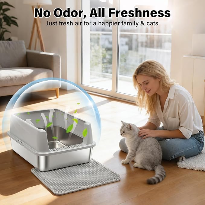 Stainless Steel Litter Box with Lid,Metal Kitty Litter Box for Small to Medium Cats,Low Entry Cat Litter Box with Scoop and Mat,Non-Stick,Anti-Leakage,Easy to Clean