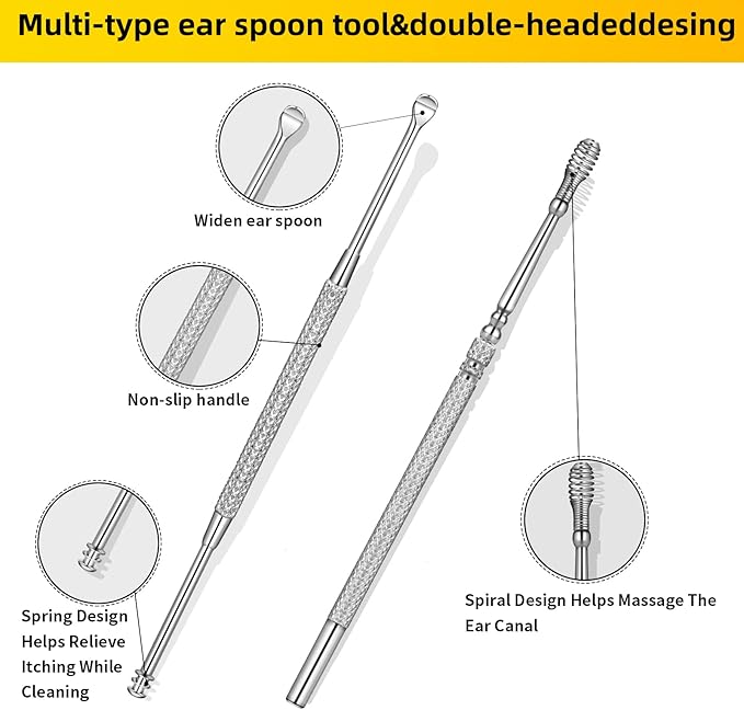 9 Pcs Ear Pick Earwax Removal Kit, Ear Cleansing Tool Set, Ear Wax Removal Tool, Ear Curette Ear Wax Remover Tool with a Cleaning Brush and Storage Box, Medical Grade, for Children and Adults,Silver