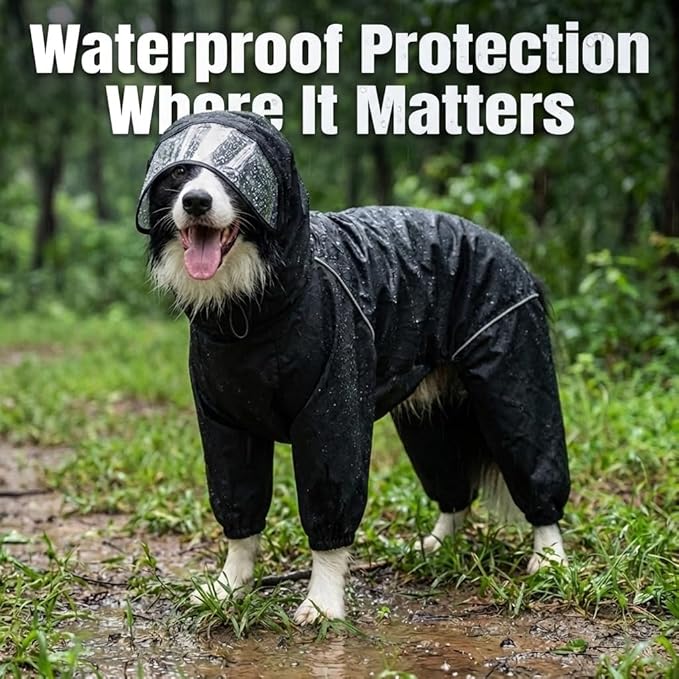 Dog Raincoat for Medium Large Dogs,rain Jacket Coat, Full Leg Coverage Waterproof Rain Suit with Detachable Hood & Tail, Reflective Strips, Snag-Free Top Zipper (Black for Girl, X-Large)