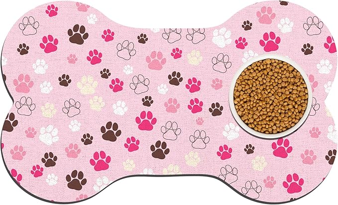 Pet Dog Cat Food Mat, Absorbent Bone Shaped Dog Bowl Mats for Food and Water, Non Slip Cute Dogs Cat Placemats Feeding Mat with Rubber for Floors Indoor Puppy Pet Accessories Supplies 17"x30" Pink
