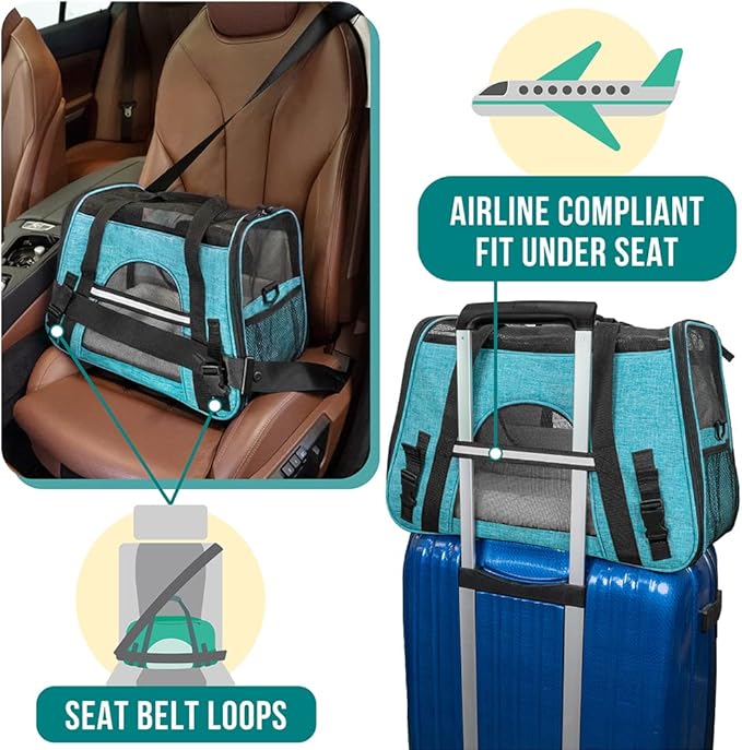 PetAmi Airline Approved Pet Carrier for Cats & Small Dogs, Soft Sided TSA Travel Carrier Bag Sherpa Bed, Breathable Mesh Ventilation, Collapsible Bowl, Fit Under Seat, Up to 18 lbs, Large Heather Blue