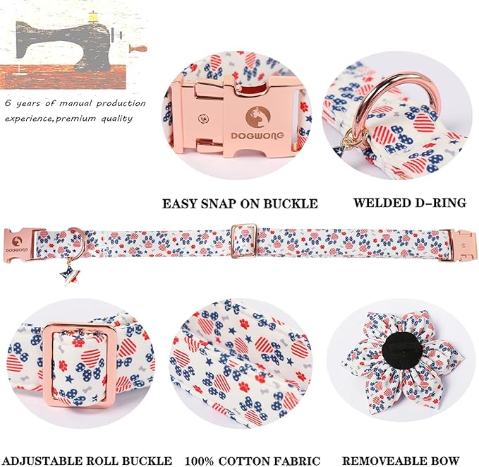 4th of July American Flag Dog Collar, DOGWONG Red Blue Flower Dog Collar with Metal Adjustable Buckle,Soft and Comfortable Independence Day Dog Collars for Small Puppy Dogs