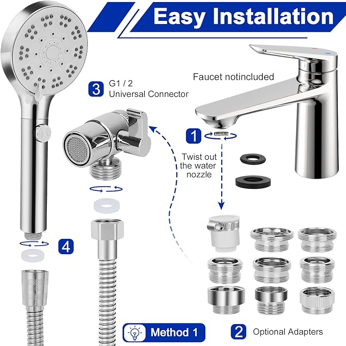 Bathtub Faucet Shower Head Sink with 79" Hose, Tub Faucet Sink Hose Sprayer Attachment Set (8 Adapters) for Bathroom Garden, ON/OFF 6 Modes High Pressure Handheld Shower Extension Kit, Removable