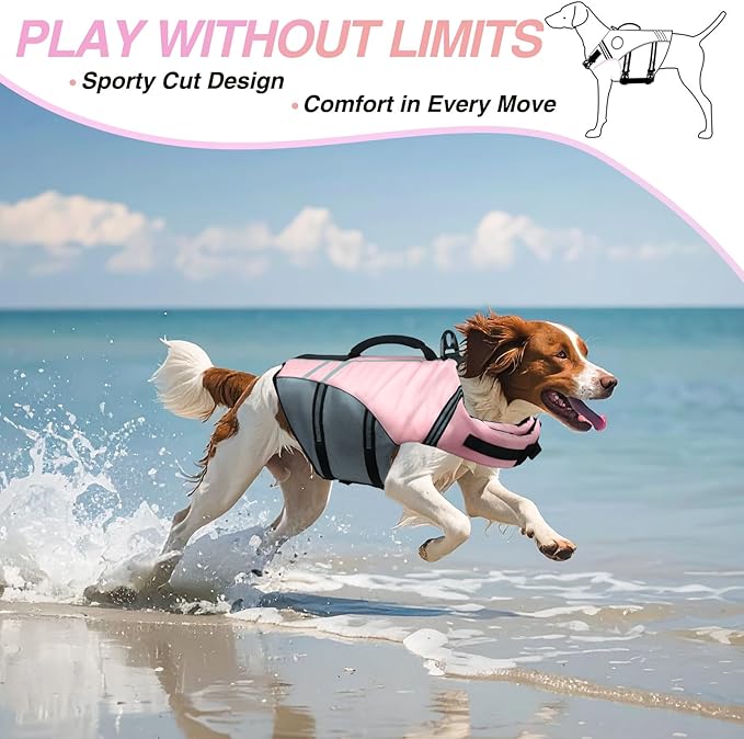 VIVAGLORY Sports Style Dog Life Vest, Dog Life Jacket for Swimming & Boating, Ripstop & Buoyancy for Puppy Doggy, Lifejacket with Handle, XL, Sakura Pink