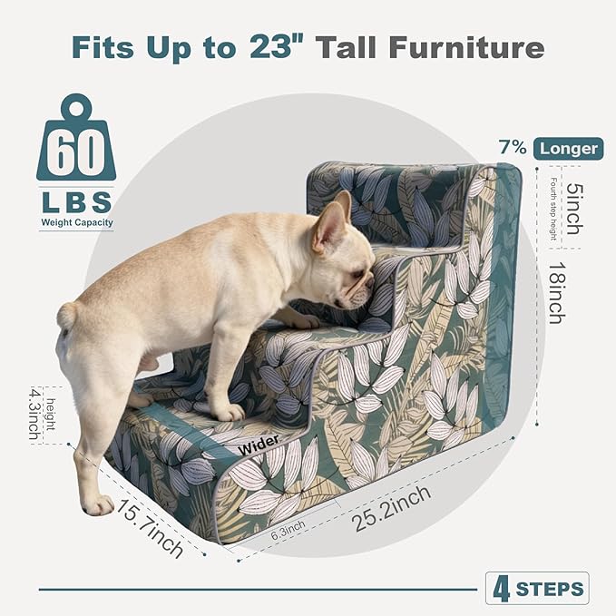 4-Step Dog Stairs for Bed & Couch 18" H, Extra Long Dog Steps for Bed with 30D Foam, Country Style Pet Stairs for Small Dogs and Older Cats, Blue Yellow