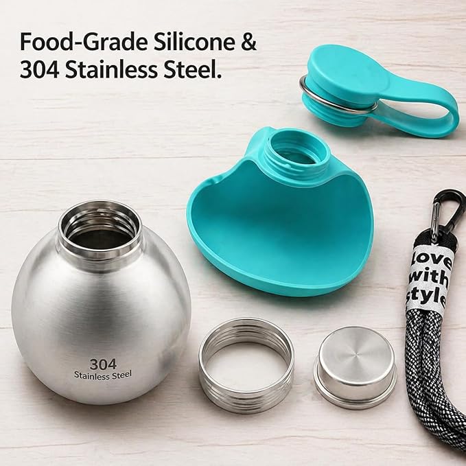 2 in 1 Portable Tumbler for Dogs – 10oz Stainless Steel Pet Water Bottle with Silicone Foldable Bowl, Portable Dog Water Bottle for Walks, for Walking, Hiking & Travel, One-Hand Operation (Blue-1)