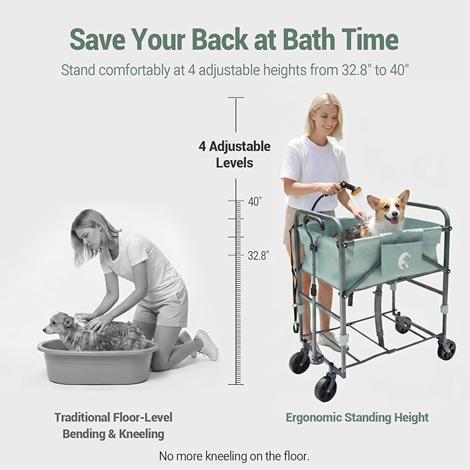 Elevated Dog Bath Tub for Small & Medium Dogs, 32.8"-40" 4-Level Adjustable Height Folding Pet Grooming Station with Wheels, Portable Dog Wash Station, 1000D PVC, Fits Dogs up to 33 lbs