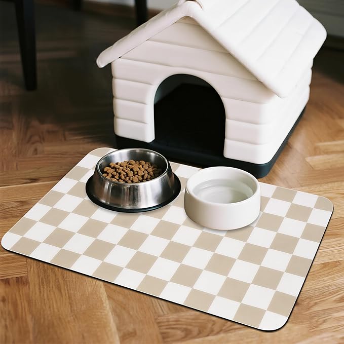 CooRug Checkered Dog Food Mat, Absorbent Leak-Proof Pet Feeding Mat, Quick Dry Cat Food Mat for Messy Drinkers 16" x 24" Khaki