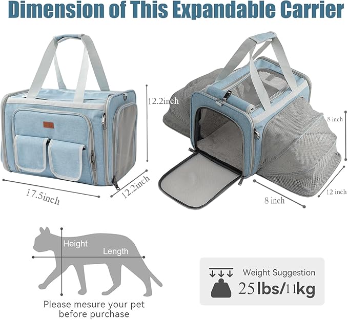 Cats Carrier for Small Dogs Puppy Cat Bag Expandable,Airline Approved,2 Sides Expand,Rabbit Bunny Pets Carriers Small Animals Travel Outdoor Carry Kennel (Blue)