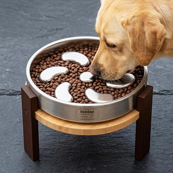 Elevated Dog Bowl Stand, 7'' Height Raised Stand for Large Dogs, Includes 3Cups Stainless Steel Slow Feeder Dog Bowl, Durable Solid Hardwood