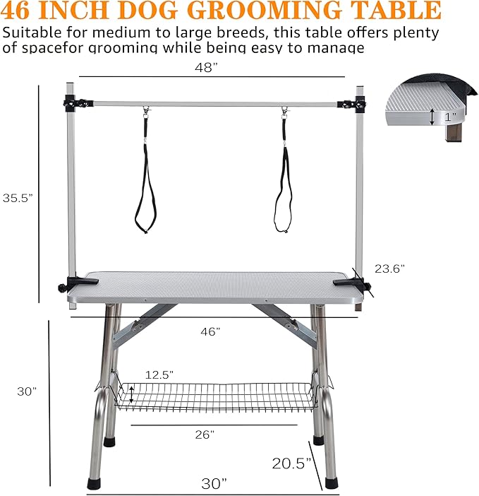 Professional Dog Pet Grooming Table Adjustable Heavy Duty Portable w/Arm & Noose & Mesh Tray (Grey, 46")