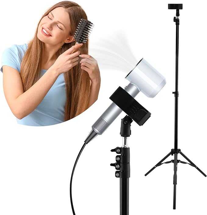 Hands Free Hair Dryer Stand, 20-63 inch Height Adjustable Blow Dryer Holder with Tripod and Universal Clip can 180-Degree Rotation for Bathroom Makeup Room Bedroom Vanity Salon (COLOR:Black)