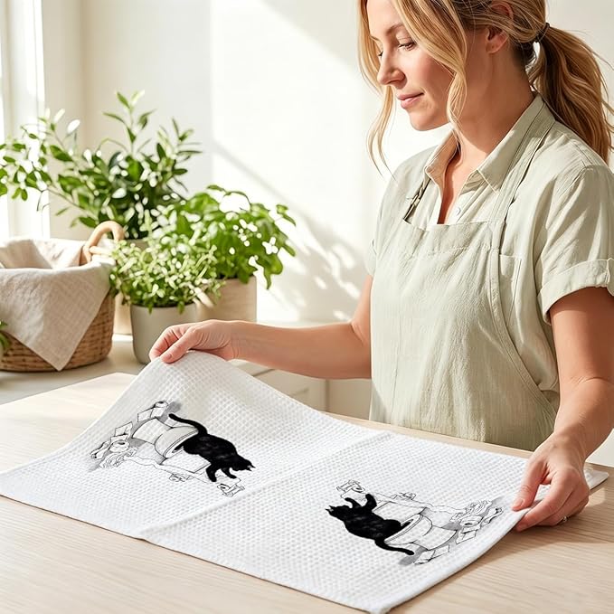 Hanamiya Na 2Pcs Funny cat Hand Towel for Bathroom 24x14 Inch, Funny Absorbent Microfiber Dish Cloth Bathroom Towel, Waffle Weave Hand Towels for Toilet Home, Cat Lover Gifts