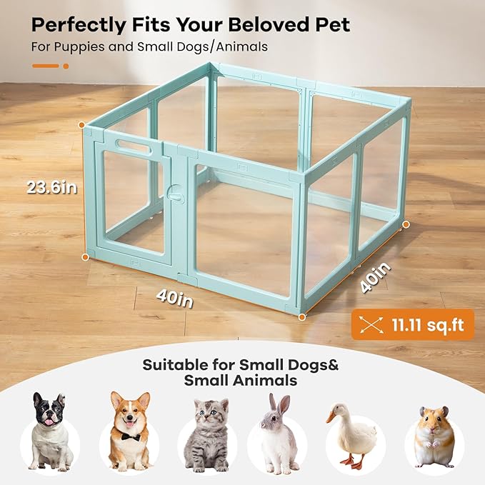 Clear Acrylic Dog Playpen Indoor, Puppy Cat Small Pet Play Pen, Pet Cat Playpen for Rabbits, Dog Fence Crate Kennel Whelping Cage (Green, 8 Panel) 1