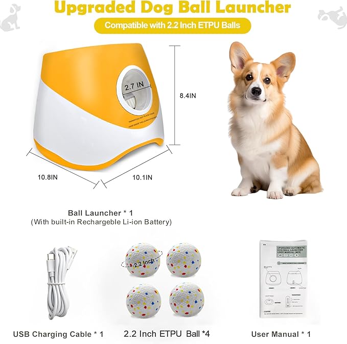 MEKAPLE Automatic Dog Ball Launcher for Samll to Medium Dogs, Upgraded Interactive Toy Balls Thrower, Distance Adjustable Mental Stimulating Dog Toys with 4 Etpu Balls 2.2 Inch (Orange)