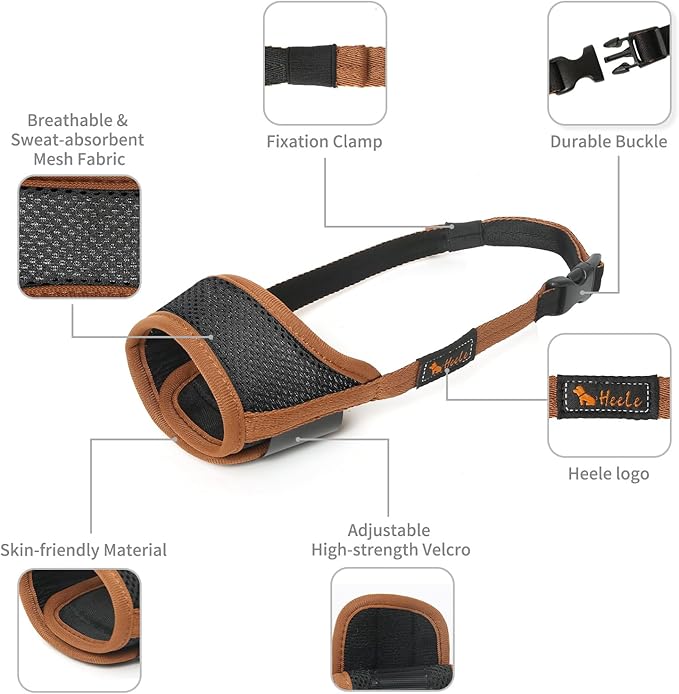 HEELE Dog Muzzle,Soft Nylon Muzzle Anti Biting Barking Chewing,Air Mesh Breathable Drinkable Adjustable Loop Pets Muzzle for Small Medium Large Dogs 4 Colors 4 Sizes (Brown, S)
