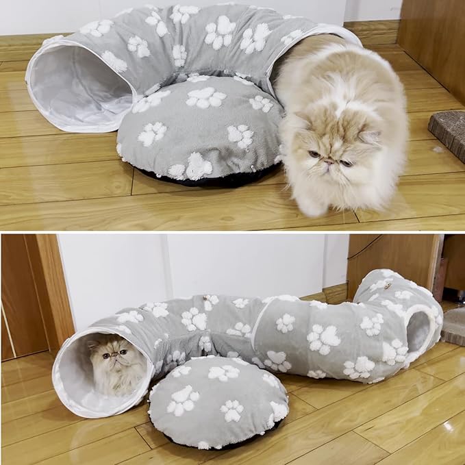 Homimp Cat Tunnel Bed with Central Mat,Large Tube Playground with Plush Ball Toy,Peekaboo Cat Cave with Washable Circle Cushion for Indoor Cats,Pop Up Bed HidePlace for Kitten Puppy Rabbit, Grey Paw