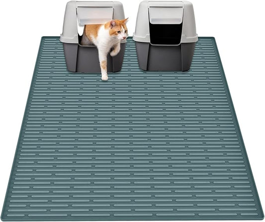 40"x30"(100cmx75cm) Extra Large Silicone Cat Litter Mat, XXL Litter Trapping Mat for Under Litter Box, Non-Slip Waterproof Kitty Litter Catcher, Easy to Clean Mat for Cats, Dark Green
