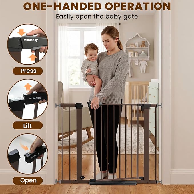 Mumeasy 29.7-40.6" Baby Gate for Stairs, Auto Close Dog Gate for Doorways, Pressure Mounted No Drill Pet Gate with Easy Walk Thru Door, Double Lock, Brown