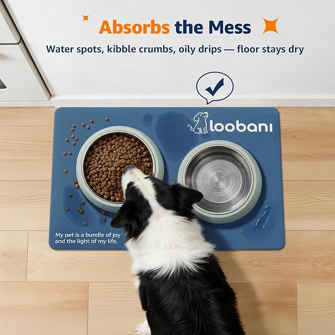 LOOBANI Dog Food Mat for Floors Waterproof 23.6"x15.7"- Absorbent Dog Bowl Mat for Food and Water Bowl, Leakproof Rubber Backing, Dog Feeding Mat for Dog, Cat, Pet (23.6"x15.7", Dark Blue)
