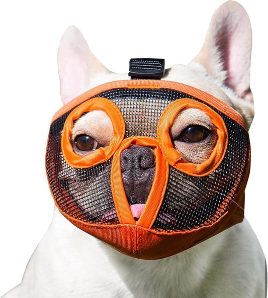 Short Snout Dog Muzzles- Adjustable Breathable Mesh Bulldog Muzzle for Biting Chewing Licking Grooming Dog Mask,Orange(Eyehole) M