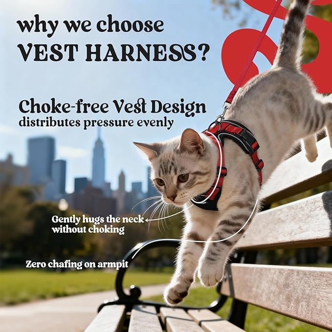 rabbitgoo Cat Harness and Leash Set, Escape Proof Vest Harness for Safe Outdoor Walks, Soft Breathable Adjustable Vest with Reflective Strips for Average to Large Cats, Black & Red, M