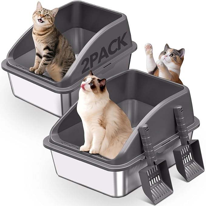 KITCATY 2PACK Stainless Steel Cat Litter Box, 20" L x 13.8" W x12 H Metal Kitty Litter Box with Lid, Never Absorbs Odors, Leak-Proof, Non-Sticky, Easy to Clean, with Scoop