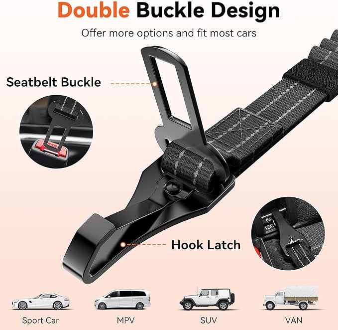 2Pcs Dog Seat Belt, Dog Car Seat Belt Bungee, Car Harness for Pet with Buckle & Hook Latch, Safety Leash Vehicle, Adjustable Reflective Pet Vehicle Tether, 360° Swivel Lock Clasp, Gray & Black