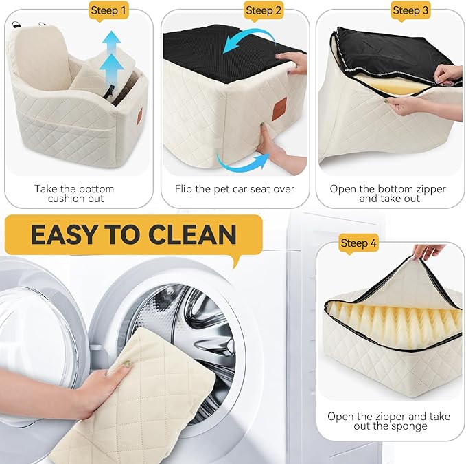 Dog Car Seats for Small Medium Dogs Up to 35lbs, Detachable Washable Soft Pet Booster Travel Bed for Front Seat with Safety Leash Belt (Beige, Medium)