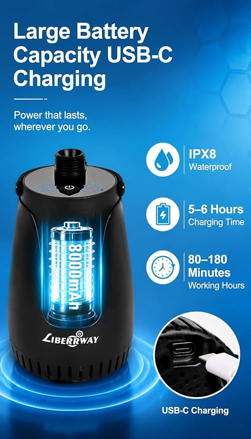 LIBERRWAY Portable Shower for Camping, 8000mAh Rechargeable Camping Shower Pump with LED Display&Ambient Light, 5 Pressure Modes, IPX8 Waterproof, Outdoor Shower Kit for Hiking,Travel, Car, Pet