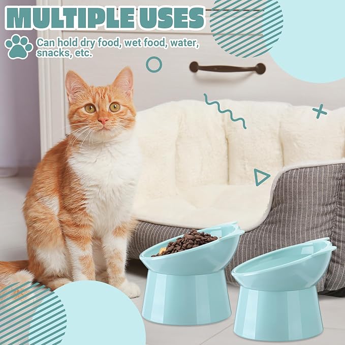Zhehao 2 Pcs Elevated Cat Bowl Set, Tilted 15° Plastic Raised Food and Water Bowls Anti Vomit Pet Feeding Dishes for Indoor Cats/Small Dogs(Cat Ears,Light Green)
