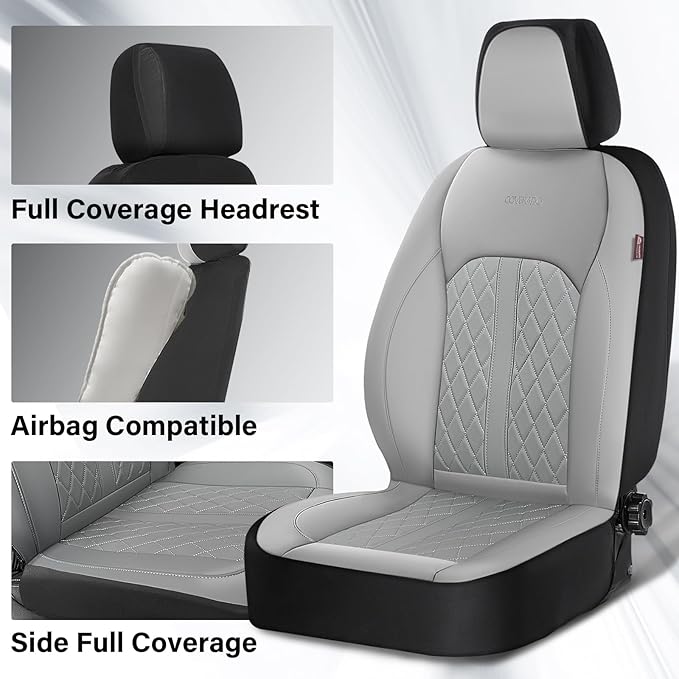 Coverado Universal Leather Seat Covers Front Seats, 2-Pack Seat Covers for SUV, Pickup Truck, Sedan, Automotive Vehicle Interior, Waterproof and Durable All Weather Protector，Gray